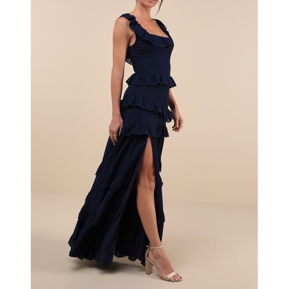 NWT Lulus Compelling Romantic Dark Blue Ruffled Tiered Maxi Dress Largr